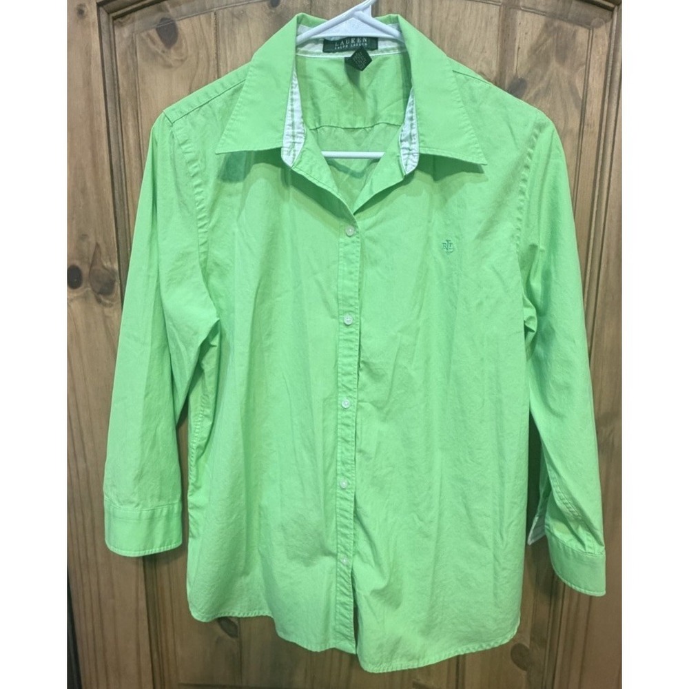 Lauren Ralph Lauren Green Button Up Shirt Womens L Cotton Preppy Coastal